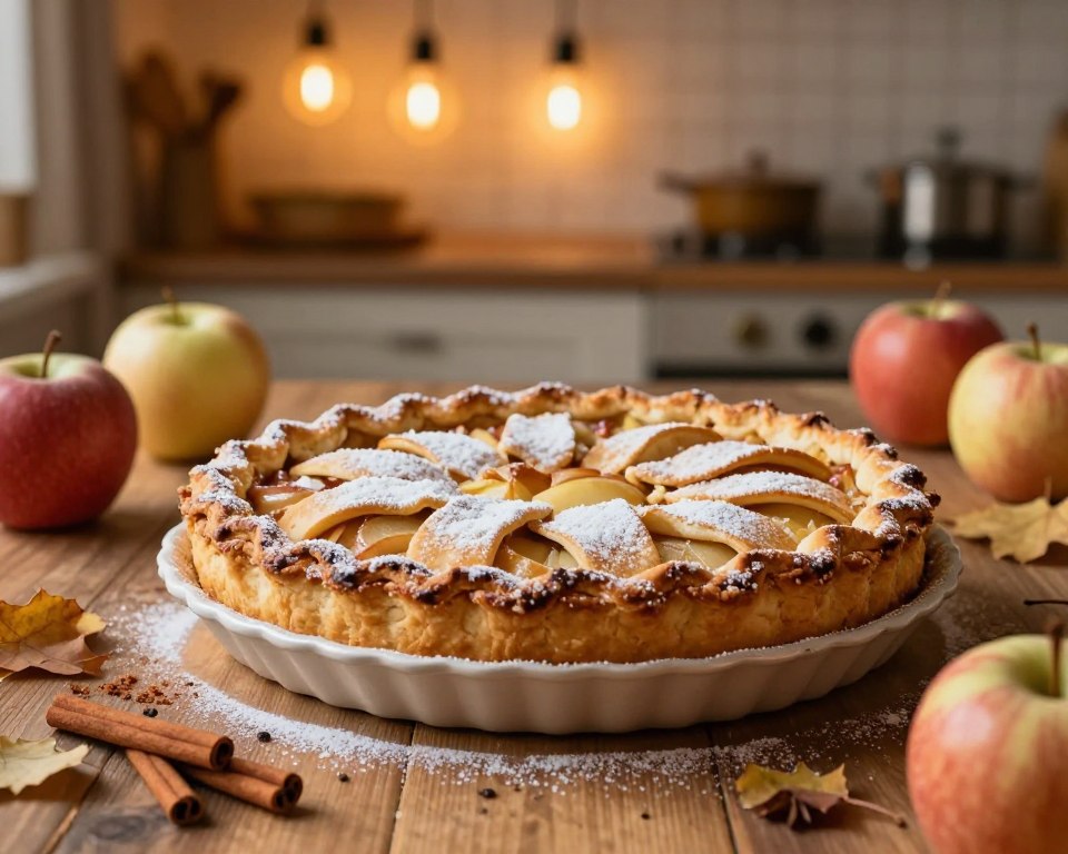 A beautifully arranged apple pie, known as szarlotka, is showcased on a rustic wooden table. The pie is presented whole with a golden, flaky crust topped with a light dusting of powdered sugar. Surrounding the pie are fresh, ripe apples, a sprinkle of cinnamon, and a few delicate leaves, suggesting a warm autumn atmosphere. In the background, a softly glowing kitchen with warm pendant lights creates an inviting ambiance, hinting at a cozy home environment. The image captures the essence of comfort and tradition, emphasizing the artistry of baking. The photograph is taken from a slightly elevated angle, allowing the viewers to appreciate both the pie's intricate details and the inviting setting. The overall mood is warm and nostalgic, perfect for illustrating the secrets to the ideal flavor of this beloved dessert.