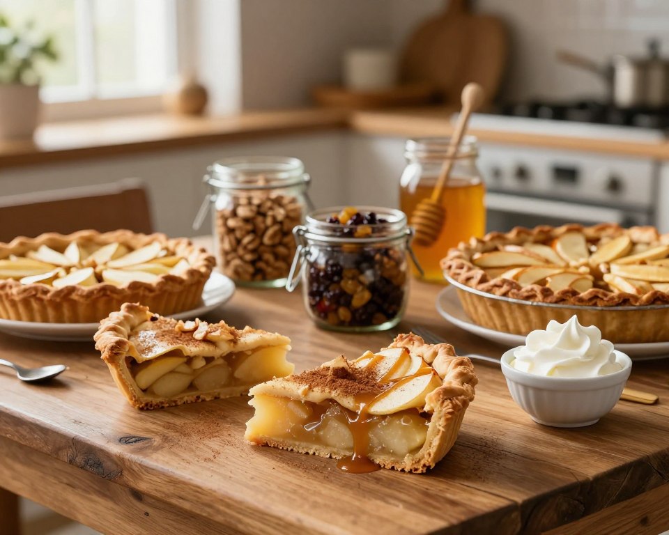A beautifully arranged apple pie spread on a rustic wooden table, showcasing variations of the classic "szarlotka". In the foreground, several slices of warm pie with golden, flaky crusts, some topped with a sprinkle of cinnamon and others drizzled with caramel sauce. A small bowl of whipped cream sits beside the pie. In the middle, jars of various toppings like nuts, raisins, and honey are artistically placed, hinting at customization. The background features a cozy kitchen setting with soft, ambient light streaming in through a window, illuminating the scene, creating a warm, inviting atmosphere. The composition should evoke a sense of comfort and celebration. Use a shallow depth of field to focus on the pie and toppings while softly blurring the background.