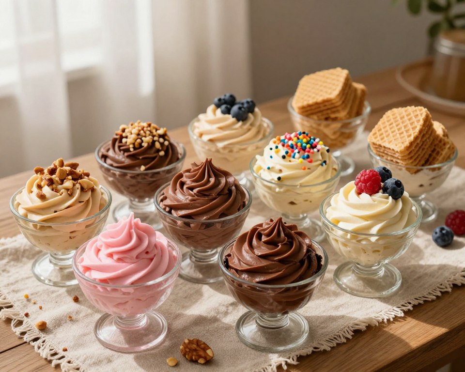 A beautifully arranged assortment of alternative cream variations for wafers, prominently displayed in elegant, vintage glass bowls. In the foreground, creamy textures in vibrant colors like pastel pink, deep chocolate brown, and soft beige stand out. Each bowl is adorned with unique toppings: crushed nuts, sprinkles, and fresh berries to add a pop of color. The middle ground features a wooden table with a lush, rustic cloth, creating a warm, inviting atmosphere. In the background, soft, natural light filters through sheer curtains, casting gentle shadows and highlighting the creamy textures. The overall mood is cozy and inspiring, perfect for culinary creativity. The scene is styled from a top-down angle to capture the delicious details and artistry of these alternative cream variations. A beautifully arranged assortment of alternative cream variations for wafers, prominently displayed in elegant, vintage glass bowls. In the foreground, creamy textures in vibrant colors like pastel pink, deep chocolate brown, and soft beige stand out. Each bowl is adorned with unique toppings: crushed nuts, sprinkles, and fresh berries to add a pop of color. The middle ground features a wooden table with a lush, rustic cloth, creating a warm, inviting atmosphere. In the background, soft, natural light filters through sheer curtains, casting gentle shadows and highlighting the creamy textures. The overall mood is cozy and inspiring, perfect for culinary creativity. The scene is styled from a top-down angle to capture the delicious details and artistry of these alternative cream variations.