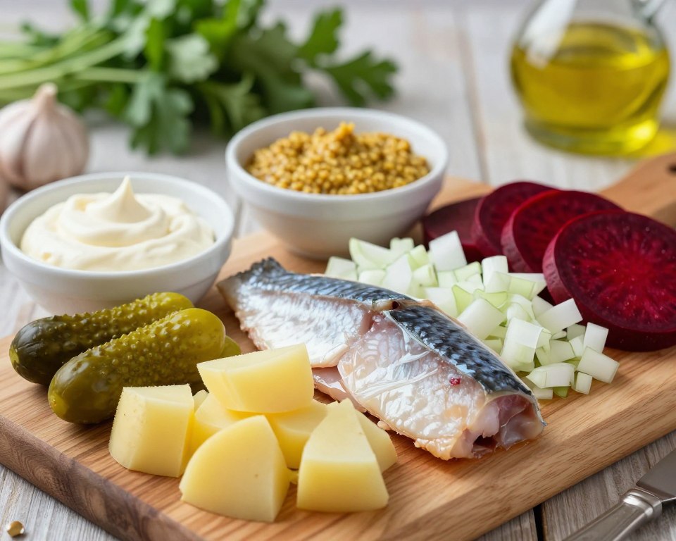 A beautifully arranged collection of ingredients for a traditional herring salad, focusing on vibrant colors and fresh textures. In the foreground, a wooden cutting board displays fresh herring fillets, diced potatoes, finely chopped onions, sweet pickles, and bright red beets, each ingredient artfully placed for visual appeal. In the middle ground, small bowls contain sauces like creamy mayonnaise and tangy mustard, hinting at flavor richness. The background is softly blurred, featuring a rustic kitchen setting with fresh herbs and a bottle of olive oil, enhancing the warm, inviting atmosphere. Soft, natural lighting illuminates the scene, creating a homely and appetizing mood, making the colors of the ingredients pop. The angle is slightly overhead, providing a comprehensive view of the ingredients in harmony, emphasizing their freshness and desirability.