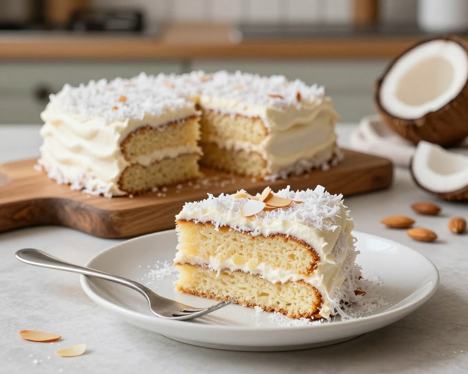 A beautifully arranged dessert table featuring a slice of Raffaello cake on a delicate white porcelain plate, topped with grated coconut and almond slivers for garnish. In the foreground, a fork rests beside the plate, inviting the viewer to take a bite. The middle ground includes a rustic wooden cutting board displaying a whole Raffaello cake, showcasing its layered structure with sponge cake, cream, and coconut. Soft, natural lighting creates a warm and inviting atmosphere, highlighting the cake's textures and the coconut's fluffy appearance. In the background, a softly blurred kitchen setting enhances the homey vibe, with hints of fresh ingredients like coconuts and almonds. The overall mood is cozy and inspirational, perfect for expert tips on baking and creativity in the kitchen.