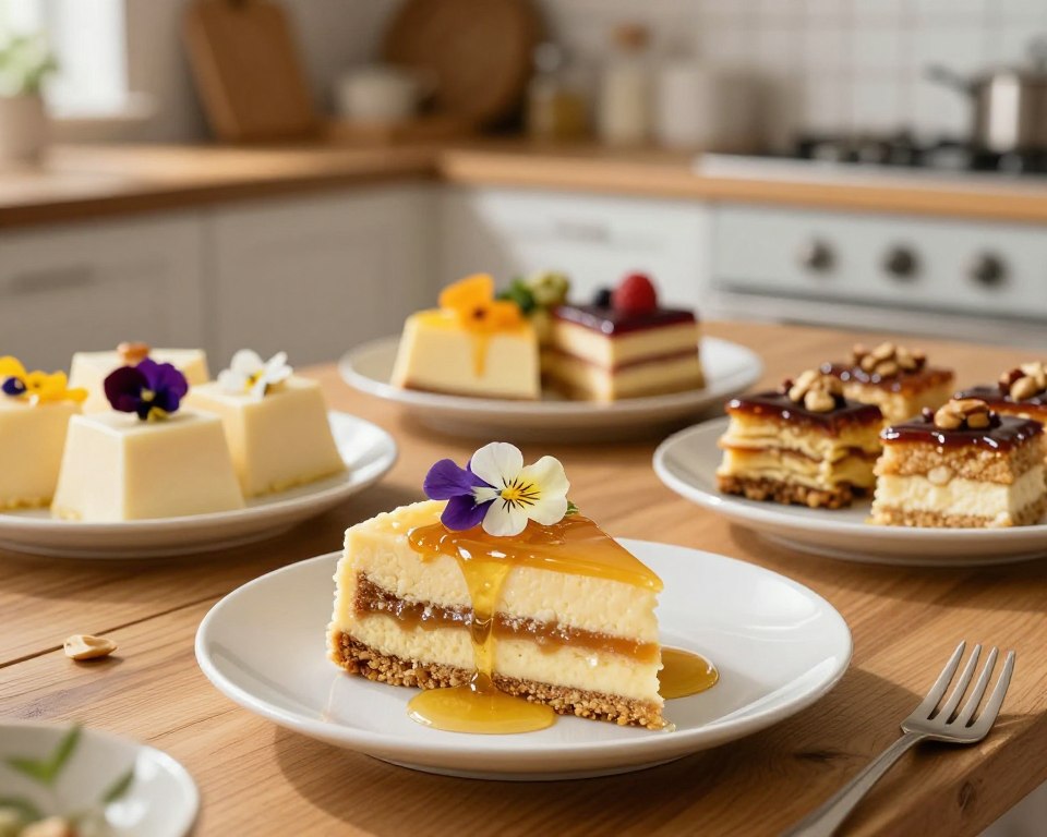A beautifully arranged dessert table featuring different variations of miodownik, the popular Polish honey cake. In the foreground, showcase a slice of miodownik layered with rich semolina pudding, garnished with delicate edible flowers and a drizzle of honey. The middle ground includes a selection of other miodownik variations, such as those with fruits or topped with nuts, all on elegant white plates. The background features soft, rustic kitchen elements, including wooden shelves and warm natural light streaming in through a window, creating a cozy and inviting atmosphere. The scene is captured with a slight overhead angle, emphasizing the textures of the cake layers and the vibrant colors of the garnishes, evoking a sense of warmth and comfort in the kitchen.