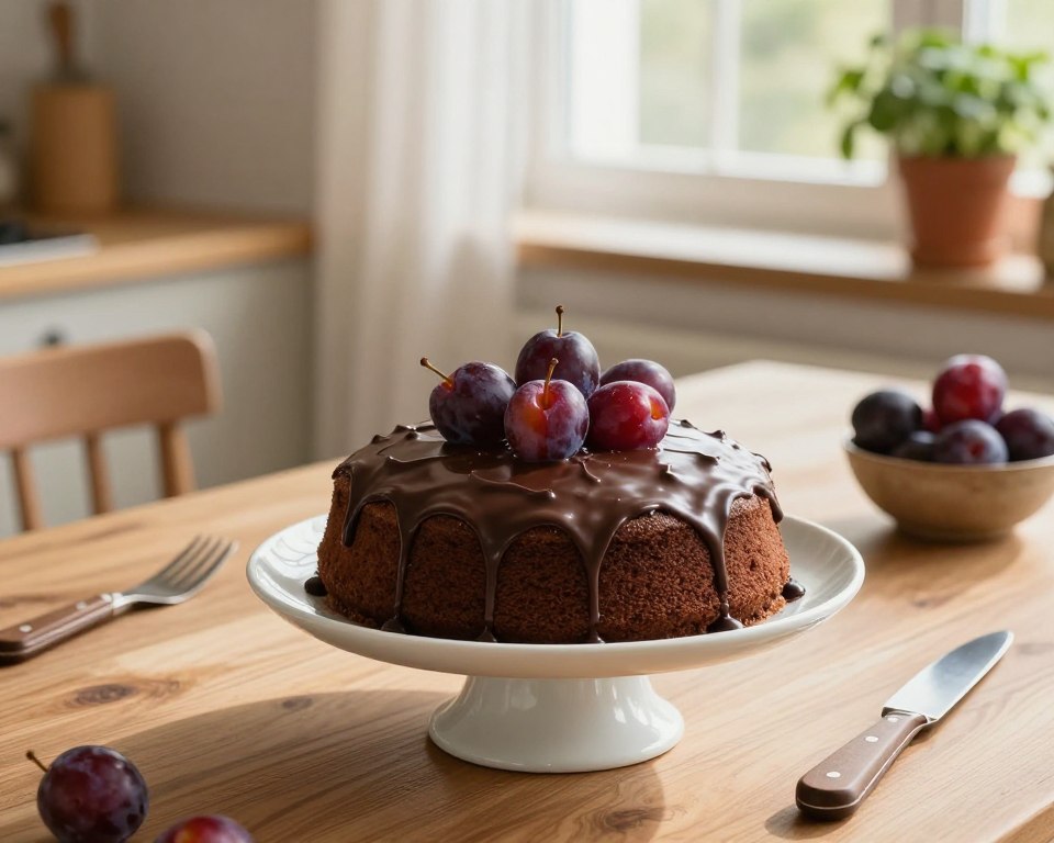 A beautifully arranged display focusing on the art of storing and serving a chocolate-coated plum cake. In the foreground, a delicate porcelain cake stand holds the luscious cake, drizzled with rich chocolate glaze, embellished with glossy plums. The middle ground showcases an elegant wooden table with assorted kitchen tools like a pastry knife and a small bowl of plums, enhancing the theme of practical tips. In the background, soft, diffused natural light filters through a window, casting gentle shadows and highlighting the cake's textures. The setting exudes a cozy and inviting atmosphere, perfect for a home kitchen, with warm wooden accents and a hint of greenery from potted herbs nearby. The mood is friendly and approachable, encouraging viewers to feel inspired to create their own delicious treats. A beautifully arranged display focusing on the art of storing and serving a chocolate-coated plum cake. In the foreground, a delicate porcelain cake stand holds the luscious cake, drizzled with rich chocolate glaze, embellished with glossy plums. The middle ground showcases an elegant wooden table with assorted kitchen tools like a pastry knife and a small bowl of plums, enhancing the theme of practical tips. In the background, soft, diffused natural light filters through a window, casting gentle shadows and highlighting the cake's textures. The setting exudes a cozy and inviting atmosphere, perfect for a home kitchen, with warm wooden accents and a hint of greenery from potted herbs nearby. The mood is friendly and approachable, encouraging viewers to feel inspired to create their own delicious treats.