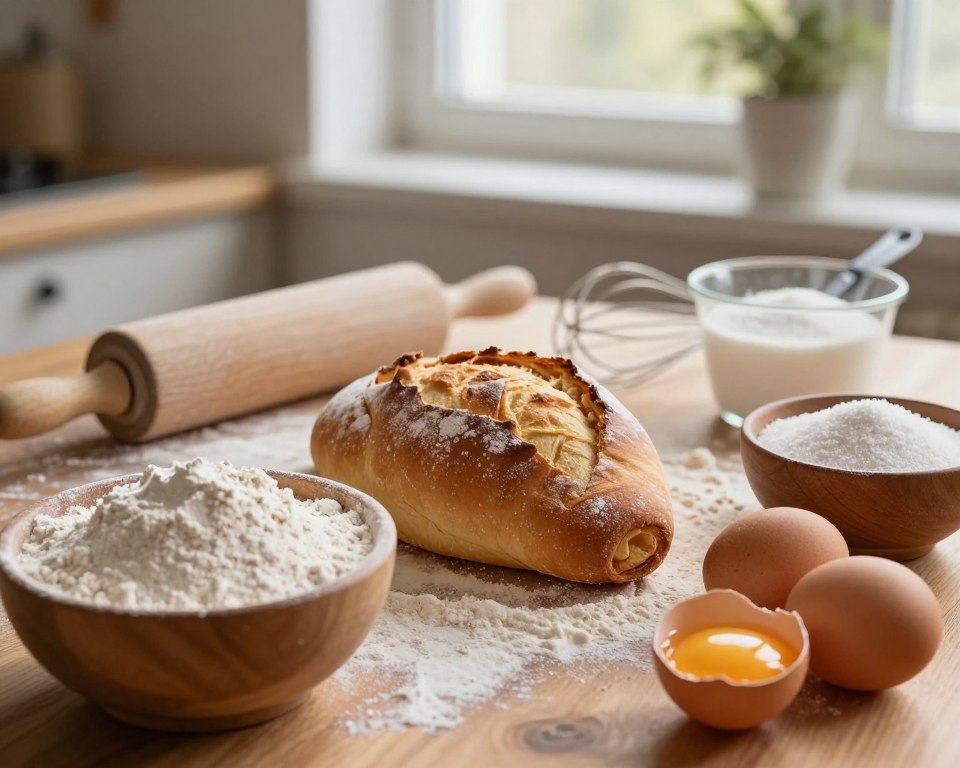 A beautifully arranged display of essential ingredients for making Rogaliki Krucho Drożdżowe. In the foreground, there are bowls filled with flour, sugar, and yeast, artistically scattered with raw eggs in their shells. The middle ground features a rolling pin, a whisk, and a measuring cup, all resting on a wooden surface dusted with flour. In the background, soft natural light filters through a kitchen window, creating a warm and inviting atmosphere. The scene is rich in earthy tones, with a focused depth of field that highlights the textures of the ingredients, such as the granularity of the sugar and the smoothness of the eggs. The overall mood is cozy and inviting, conveying the joy of baking.