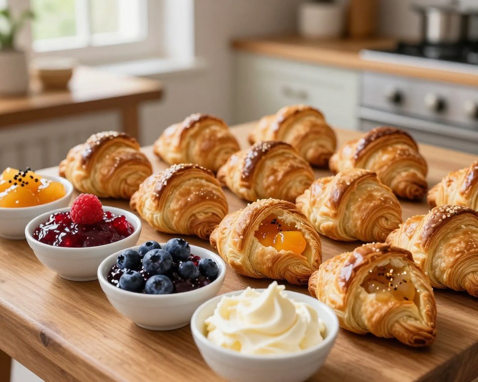 A beautifully arranged display of various fillings for pastry crescents, called "rogaliki," showcasing an enticing assortment. In the foreground, there are small bowls filled with vibrant fruit preserves like raspberry, blueberry, and apricot, alongside creamy mixtures of sweetened cream cheese and spiced apple filling. The middle ground features flaky, golden-brown rogaliki, some freshly baked and others cut open to reveal their luscious interiors. The background presents a rustic kitchen setting with wooden tables, soft natural light filtering through a window, creating a warm and inviting atmosphere. The image captures a sense of culinary creativity and tradition, with a focus on homely comfort and deliciousness, emphasizing the joy of baking.