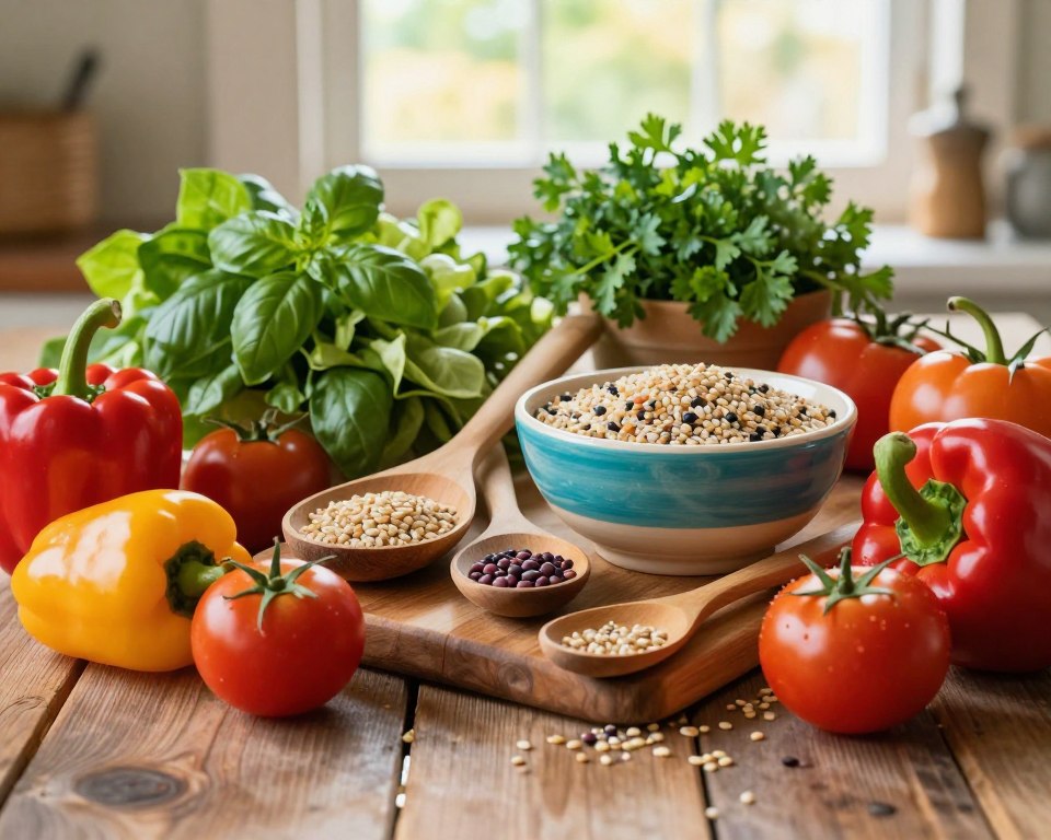 A beautifully arranged display of vegetarian ingredients inspired by Sister Aniela's kitchen. In the foreground, showcase fresh vegetables like vibrant bell peppers, ripe tomatoes, and leafy greens, artfully scattered over a rustic wooden table. In the middle, feature cooking utensils such as wooden spoons and a vibrant ceramic bowl filled with grains and legumes. A selection of herbs like basil and parsley adds freshness. In the background, soft sunlight filters through a window, casting warm, natural light that enhances the scene. The atmosphere is inviting and wholesome, reflecting the idea of healthy, meatless meals. The overall composition evokes a sense of comfort and culinary creativity, perfect for illustrating the essence of Sister Aniela's cooking techniques and ingredients. A beautifully arranged display of vegetarian ingredients inspired by Sister Aniela's kitchen. In the foreground, showcase fresh vegetables like vibrant bell peppers, ripe tomatoes, and leafy greens, artfully scattered over a rustic wooden table. In the middle, feature cooking utensils such as wooden spoons and a vibrant ceramic bowl filled with grains and legumes. A selection of herbs like basil and parsley adds freshness. In the background, soft sunlight filters through a window, casting warm, natural light that enhances the scene. The atmosphere is inviting and wholesome, reflecting the idea of healthy, meatless meals. The overall composition evokes a sense of comfort and culinary creativity, perfect for illustrating the essence of Sister Aniela's cooking techniques and ingredients.