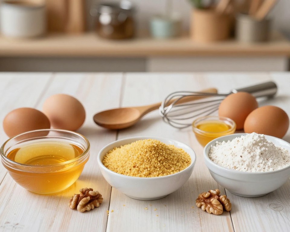 A beautifully arranged flat lay of ingredients for a Miodownik cake, focusing on semolina and honey. In the foreground, showcase bowls filled with golden honey, fine semolina, and flour, each with intricate textures. Nestled among them are fresh eggs and scattered walnuts, adding warmth. In the middle ground, place a wooden spoon and a whisk, suggesting preparation. The background fades softly, hinting at a rustic kitchen with light wooden textures and blurred shelves lined with baking tools. The lighting is soft and warm, evoking a cozy, inviting atmosphere. Capture the essence of baking with a slight depth of field to emphasize the ingredients, ensuring no text or labels disrupt the serene scene.
