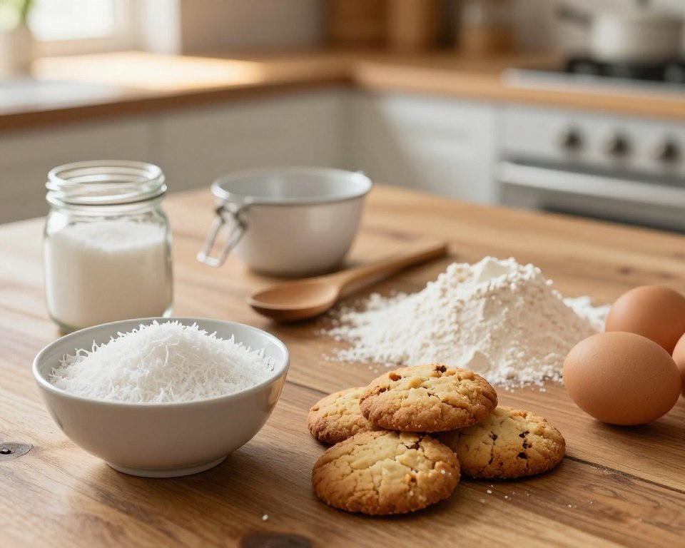 A beautifully arranged flat lay of ingredients for coconut cookies on a rustic wooden kitchen table. In the foreground, display a bowl of shredded coconut, a jar of sugar, a pile of flour, and a few eggs, all in natural, soft-focus light. In the middle, include a measuring cup and a wooden spoon, slightly askew to add a touch of dynamism. In the background, blurred out, show a warm kitchen setting with a hint of sunlight streaming in, enhancing the inviting atmosphere. Capture the essence of baking with a cozy, homey feel, using warm tones and soft shadows to evoke a sense of comfort and nostalgia. A beautifully arranged flat lay of ingredients for coconut cookies on a rustic wooden kitchen table. In the foreground, display a bowl of shredded coconut, a jar of sugar, a pile of flour, and a few eggs, all in natural, soft-focus light. In the middle, include a measuring cup and a wooden spoon, slightly askew to add a touch of dynamism. In the background, blurred out, show a warm kitchen setting with a hint of sunlight streaming in, enhancing the inviting atmosphere. Capture the essence of baking with a cozy, homey feel, using warm tones and soft shadows to evoke a sense of comfort and nostalgia.