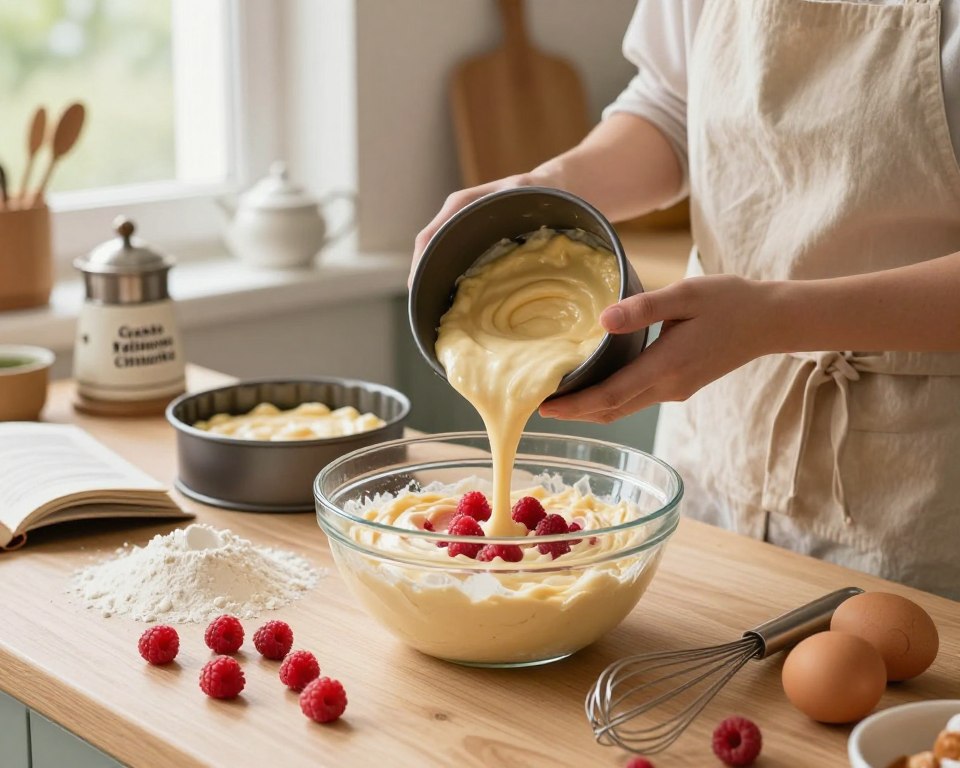 A beautifully arranged kitchen counter featuring the process of preparing a "Malinowa Chmurka" cake. In the foreground, a glass mixing bowl filled with fluffy raspberry-infused batter, surrounded by fresh raspberries, flour, eggs, and an elegant whisk. In the middle ground, a careful hand decorated with a stylish, modest apron is pouring the batter into a round cake pan. To the background, a warm kitchen ambiance with natural light streaming through a window, highlighting vintage baking tools and a recipe book open to the "Ciasto Malinowa Chmurka" page. The atmosphere is inviting and cozy, showcasing the joy and creativity of home baking, with soft focus to create a serene, appetizing feel. A beautifully arranged kitchen counter featuring the process of preparing a "Malinowa Chmurka" cake. In the foreground, a glass mixing bowl filled with fluffy raspberry-infused batter, surrounded by fresh raspberries, flour, eggs, and an elegant whisk. In the middle ground, a careful hand decorated with a stylish, modest apron is pouring the batter into a round cake pan. To the background, a warm kitchen ambiance with natural light streaming through a window, highlighting vintage baking tools and a recipe book open to the "Ciasto Malinowa Chmurka" page. The atmosphere is inviting and cozy, showcasing the joy and creativity of home baking, with soft focus to create a serene, appetizing feel.