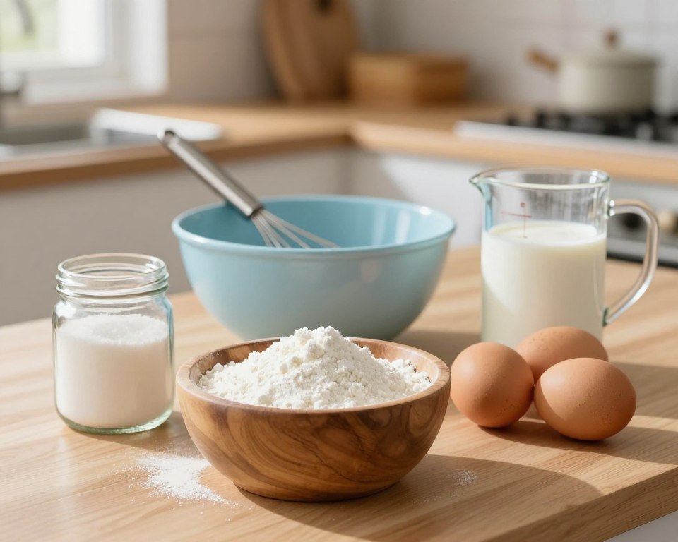 A beautifully arranged kitchen countertop featuring ingredients for a powdered milk cream. In the foreground, a wooden bowl filled with fine powdered milk, a small jar of sugar, and a few eggs sit neatly. In the middle, a light blue mixing bowl and a whisk are invitingly positioned, while a vintage measuring cup filled with milk completes the ensemble. The background showcases a softly blurred kitchen setting, with warm, natural lighting filtering through a nearby window, casting gentle shadows. The atmosphere is cozy and inviting, perfect for a baking session. Use a close-up angle to focus on the ingredients, highlighting their textures and colors, creating an appealing composition that reflects the joy of cooking. A beautifully arranged kitchen countertop featuring ingredients for a powdered milk cream. In the foreground, a wooden bowl filled with fine powdered milk, a small jar of sugar, and a few eggs sit neatly. In the middle, a light blue mixing bowl and a whisk are invitingly positioned, while a vintage measuring cup filled with milk completes the ensemble. The background showcases a softly blurred kitchen setting, with warm, natural lighting filtering through a nearby window, casting gentle shadows. The atmosphere is cozy and inviting, perfect for a baking session. Use a close-up angle to focus on the ingredients, highlighting their textures and colors, creating an appealing composition that reflects the joy of cooking.