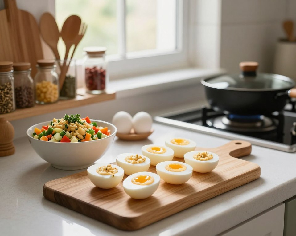 A beautifully arranged kitchen countertop showcasing the process of preparing eggs for stuffing. In the foreground, a wooden cutting board displays several freshly boiled eggs, halved and ready for filling. Next to the eggs, a bowl contains a colorful mix of ingredients such as diced vegetables, herbs, and creamy filling prepared for the stuffing. In the middle ground, a bright window lets in natural light, enhancing the vibrant colors of the ingredients. On the kitchen shelf, cooking utensils and spices are neatly organized, creating a warm and inviting atmosphere. The overall mood is cozy and culinary-focused, perfect for an inspiring cooking scene. The image should have soft, diffused lighting, captured from a slightly elevated angle to provide a clear view of the preparation area.