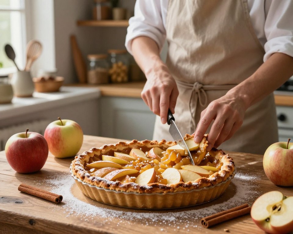 A beautifully arranged kitchen scene focused on a fresh apple pie, emphasizing the secret techniques of making the perfect szarlotka. In the foreground, a golden-brown apple pie sits elegantly on a rustic wooden table, surrounded by fresh apples, cinnamon sticks, and a dusting of powdered sugar. In the middle ground, a chef wearing a neat apron carefully slices into the pie, revealing the flaky crust and juicy apple filling. Soft, natural light floods the scene from a nearby window, casting gentle shadows and highlighting the textures of the ingredients. In the background, shelves filled with baking tools and jars of spices add warmth to the atmosphere. The overall mood is inviting and homely, celebrating the art of baking while showcasing the beauty of a classic dessert.
