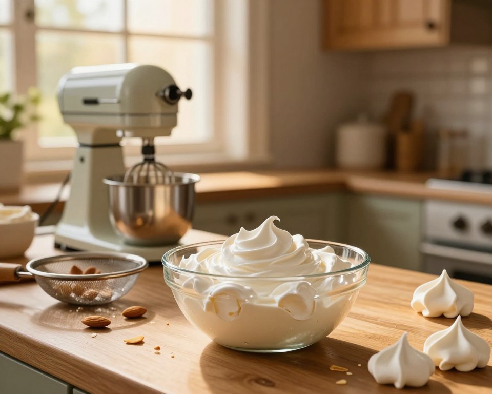 A beautifully arranged kitchen scene showcasing the preparation of almond meringue. In the foreground, a delicate glass bowl filled with whipped egg whites sits atop a wooden counter, shimmering under soft, warm lighting. Almonds are prominently displayed beside a fine mesh sifter, hinting at their role in the meringue. In the middle ground, a charming vintage mixer and measuring cups add to the baking atmosphere, while scattered almond flakes glisten on the counter. The background features warm wooden cabinets and a majestic, softly lit window illuminating the entire scene with golden rays, creating an inviting and cozy ambiance. The overall mood is one of culinary artistry and joy, capturing the essence of creating a delectable almond meringue. A beautifully arranged kitchen scene showcasing the preparation of almond meringue. In the foreground, a delicate glass bowl filled with whipped egg whites sits atop a wooden counter, shimmering under soft, warm lighting. Almonds are prominently displayed beside a fine mesh sifter, hinting at their role in the meringue. In the middle ground, a charming vintage mixer and measuring cups add to the baking atmosphere, while scattered almond flakes glisten on the counter. The background features warm wooden cabinets and a majestic, softly lit window illuminating the entire scene with golden rays, creating an inviting and cozy ambiance. The overall mood is one of culinary artistry and joy, capturing the essence of creating a delectable almond meringue.