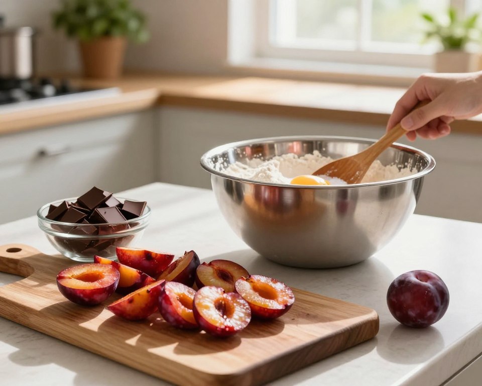 A beautifully arranged kitchen scene showcasing the preparation of ingredients for a plum chocolate cake. In the foreground, a wooden cutting board displays vibrant, freshly chopped plums alongside a bowl of rich dark chocolate chunks. In the middle, a stainless steel mixing bowl is filled with flour, sugar, and eggs, with a wooden spoon resting beside it, hinting at the mixing process. The background features a cozy kitchen setting, with soft sunlight streaming through a window, casting a warm glow on the countertop. A hint of greenery from potted herbs adds freshness. The atmosphere is inviting and homely, evoking the joy of baking. The image should capture the essence of careful preparation and the art of mixing, with a focus on the textures and colors of the ingredients. A beautifully arranged kitchen scene showcasing the preparation of ingredients for a plum chocolate cake. In the foreground, a wooden cutting board displays vibrant, freshly chopped plums alongside a bowl of rich dark chocolate chunks. In the middle, a stainless steel mixing bowl is filled with flour, sugar, and eggs, with a wooden spoon resting beside it, hinting at the mixing process. The background features a cozy kitchen setting, with soft sunlight streaming through a window, casting a warm glow on the countertop. A hint of greenery from potted herbs adds freshness. The atmosphere is inviting and homely, evoking the joy of baking. The image should capture the essence of careful preparation and the art of mixing, with a focus on the textures and colors of the ingredients.