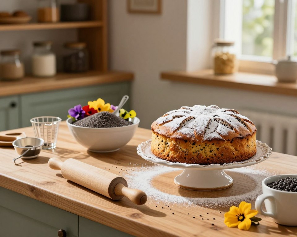 A beautifully arranged kitchen scene showcasing the process of baking and decorating a traditional poppy seed cake (makowiec). In the foreground, a wooden countertop is adorned with an assortment of baking tools: rolling pins, measuring cups, and a freshly baked, golden-brown makowiec placed on a decorative cake stand, surrounded by a sprinkle of powdered sugar. In the middle, a bowl filled with poppy seed filling and vibrant, colorful decorations like edible flowers and fruit adorn the sides. Soft, warm lighting creates an inviting atmosphere, with sunlight streaming through a nearby window casting playful shadows. In the background, rustic shelves display jars of ingredients, enhancing the homely and cozy vibe of the scene. The overall mood exudes warmth and a passion for baking, inviting viewers to indulge in this culinary art. A beautifully arranged kitchen scene showcasing the process of baking and decorating a traditional poppy seed cake (makowiec). In the foreground, a wooden countertop is adorned with an assortment of baking tools: rolling pins, measuring cups, and a freshly baked, golden-brown makowiec placed on a decorative cake stand, surrounded by a sprinkle of powdered sugar. In the middle, a bowl filled with poppy seed filling and vibrant, colorful decorations like edible flowers and fruit adorn the sides. Soft, warm lighting creates an inviting atmosphere, with sunlight streaming through a nearby window casting playful shadows. In the background, rustic shelves display jars of ingredients, enhancing the homely and cozy vibe of the scene. The overall mood exudes warmth and a passion for baking, inviting viewers to indulge in this culinary art.
