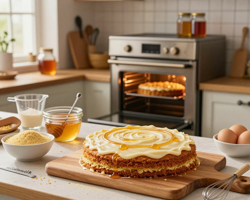 A beautifully arranged kitchen scene showcasing the process of baking "miodownik" with semolina. In the foreground, a wooden cutting board displays a freshly prepared, golden-brown honey layer cake, meticulously topped with smooth frosting and delicate honey drizzles. Surrounding the cake are bowls filled with ingredients like semolina, honey, and eggs, alongside measuring cups and whisks, adding to the baking ambiance. The middle ground features an elegant, lit oven with the cake inside, giving a warm glow that enhances the cozy atmosphere. In the background, shelves filled with baking tools and jars of honey reflect a rustic kitchen charm. Soft, natural light spills in from a nearby window, creating an inviting and warm mood, ideal for a perfect baking moment.