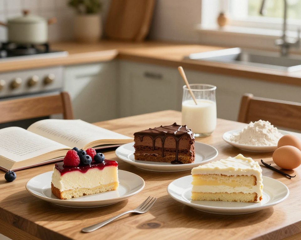 A beautifully arranged kitchen setting featuring a wooden table covered with an assortment of delicious dessert variations made with buttermilk. In the foreground, showcase three distinctive cake slices on elegant plates—one is topped with fresh berries, another with a rich chocolate drizzle, and a third with a layer of cream cheese frosting. The middle ground includes an open cookbook with handwritten notes and a few baking ingredients like flour, eggs, and vanilla on the side. The background is softly blurred, depicting a warm and inviting kitchen atmosphere with light streaming through a window, casting gentle shadows. The mood is cozy and homely, perfect for showcasing the versatility of the buttermilk cake recipe. Focused, high-quality image, with warm tones and natural textures. A beautifully arranged kitchen setting featuring a wooden table covered with an assortment of delicious dessert variations made with buttermilk. In the foreground, showcase three distinctive cake slices on elegant plates—one is topped with fresh berries, another with a rich chocolate drizzle, and a third with a layer of cream cheese frosting. The middle ground includes an open cookbook with handwritten notes and a few baking ingredients like flour, eggs, and vanilla on the side. The background is softly blurred, depicting a warm and inviting kitchen atmosphere with light streaming through a window, casting gentle shadows. The mood is cozy and homely, perfect for showcasing the versatility of the buttermilk cake recipe. Focused, high-quality image, with warm tones and natural textures.