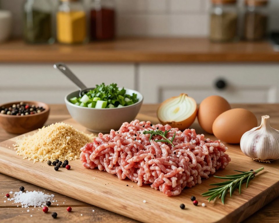 A beautifully arranged overhead shot of essential ingredients for "Pieczeń rzymska," showcasing ground meat, breadcrumbs, chopped onions, garlic, eggs, and a variety of spices like salt, pepper, and herbs. The foreground features a wooden cutting board with raw ingredients, emphasizing their textures and colors. In the middle ground, a small bowl filled with fresh herbs and a measuring spoon can be seen, adding a touch of freshness. The background consists of a rustic kitchen setting with softly blurred wooden shelves adorned with spices and jars, creating a warm, inviting atmosphere. Soft, natural lighting illuminates the scene, casting gentle shadows that enhance the ingredients' details, creating a cozy and appetizing mood.
