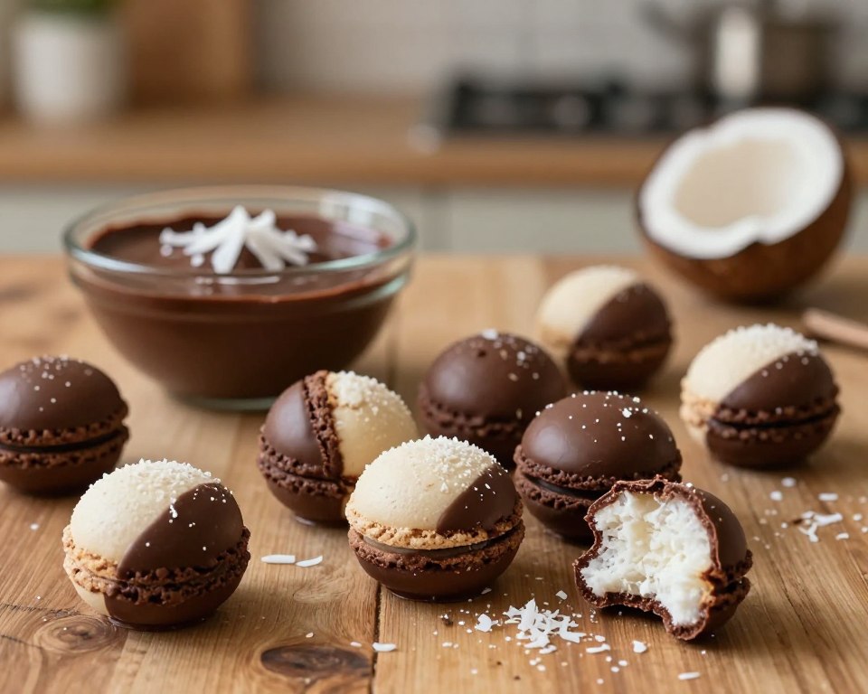 A beautifully arranged plate of Kokosanki w czekoladzie, featuring delicate coconut macaroons dipped in rich dark chocolate. In the foreground, a handful of these tempting treats is elegantly displayed on a rustic wooden table, with a few macaroons slightly broken to showcase their soft, fluffy coconut interior. In the middle ground, a shimmering bowl of melted chocolate and flakes of coconut adds a touch of authenticity. The background is softly blurred with warm, ambient lighting highlighting the inviting texture of the dessert. This scene evokes a cozy kitchen atmosphere, perfect for baking enthusiasts, inviting creativity and alternative versions of the classic recipe. The overall mood is warm and inviting, bringing a sense of comfort and indulgence to the viewer. A beautifully arranged plate of Kokosanki w czekoladzie, featuring delicate coconut macaroons dipped in rich dark chocolate. In the foreground, a handful of these tempting treats is elegantly displayed on a rustic wooden table, with a few macaroons slightly broken to showcase their soft, fluffy coconut interior. In the middle ground, a shimmering bowl of melted chocolate and flakes of coconut adds a touch of authenticity. The background is softly blurred with warm, ambient lighting highlighting the inviting texture of the dessert. This scene evokes a cozy kitchen atmosphere, perfect for baking enthusiasts, inviting creativity and alternative versions of the classic recipe. The overall mood is warm and inviting, bringing a sense of comfort and indulgence to the viewer.