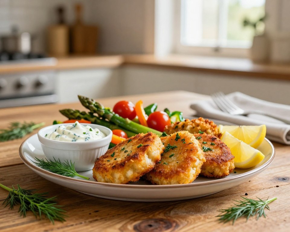 A beautifully arranged plate of crispy fish patties served on a rustic wooden table. In the foreground, the golden-brown fish patties are garnished with fresh herbs and lemon wedges, alongside small bowls of tartar sauce and a colorful medley of sautéed seasonal vegetables, including bright green asparagus, cherry tomatoes, and bell peppers. In the middle ground, a stylish serving platter complements the composition, with sprigs of dill scattered artfully around the dish. The background features a softly blurred kitchen setting with warm, inviting light streaming in through a window, creating a cozy atmosphere. The scene captures a sense of home-cooked comfort, emphasizing the harmony of the dish and its accompaniments in a mouthwatering presentation.