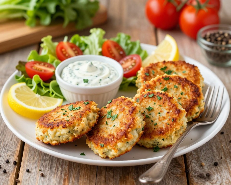 A beautifully arranged plate of fish patties, garnished with fresh herbs and lemon slices, sits on a rustic wooden table. The foreground showcases the patties, perfectly golden-brown and crispy on the outside, with a fork gently resting beside them, ready for tasting. In the middle ground, a small bowl of tartar sauce and a colorful salad of mixed greens and cherry tomatoes add vibrancy. The background features soft-focus kitchen elements, like fresh vegetables and spices, enhancing the cooking theme. Warm, natural lighting bathes the scene, creating an inviting atmosphere that highlights the deliciousness and nutritional appeal of fish patties. The angle is slightly overhead, providing a comprehensive view of the delectable meal, aiming to evoke a sense of healthiness and culinary delight.