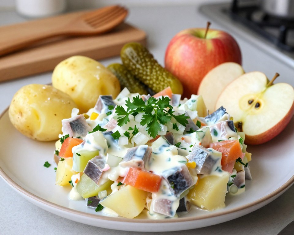 A beautifully arranged plate of herring salad with potatoes, featuring vibrant colors and textures. In the foreground, display a generous serving of the salad topped with fresh herbs, diced onions, and a creamy dressing. The middle ground showcases an artistic spread of ingredients like boiled potatoes, pickles, and apples, all arranged attractively. The background captures a softly lit kitchen scene with wooden utensils and a cutting board, adding warmth and a homey atmosphere. Utilize natural lighting to highlight the freshness of the vegetables and the creamy texture of the dressing. The overall mood should evoke a sense of culinary creativity and exploration, inviting viewers to consider modifications to the traditional recipe.