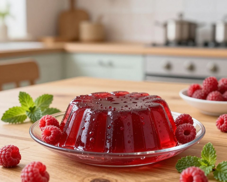 A beautifully arranged plate of vibrant "galaretki malinowe" (raspberry jelly) sits prominently in the foreground, glistening under soft, natural light. The jelly is in a delicate glass dish, shaped into elegant cubes, with tiny droplets of condensation adorning the surface, emphasizing its freshness. Surrounding the jelly are fresh raspberries and mint leaves, adding pops of rich red and green to the scene. In the middle ground, a wooden table set is visible, lending a rustic charm. The background features a blurred kitchen space with pastel-colored walls and soft-focus cooking utensils, creating a warm and inviting atmosphere. The overall mood is cozy and homely, perfect for a baking scene. Use a warm light setting to enhance the inviting feel of this culinary delight. A beautifully arranged plate of vibrant "galaretki malinowe" (raspberry jelly) sits prominently in the foreground, glistening under soft, natural light. The jelly is in a delicate glass dish, shaped into elegant cubes, with tiny droplets of condensation adorning the surface, emphasizing its freshness. Surrounding the jelly are fresh raspberries and mint leaves, adding pops of rich red and green to the scene. In the middle ground, a wooden table set is visible, lending a rustic charm. The background features a blurred kitchen space with pastel-colored walls and soft-focus cooking utensils, creating a warm and inviting atmosphere. The overall mood is cozy and homely, perfect for a baking scene. Use a warm light setting to enhance the inviting feel of this culinary delight.