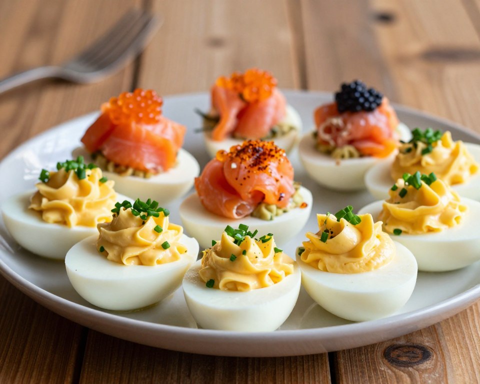 A beautifully arranged platter of stuffed eggs, artistically presented to highlight their culinary elegance. In the foreground, focus on vibrant, half-cut deviled eggs garnished with fresh herbs like chives and parsley, showcasing rich, creamy fillings in various colors. In the middle ground, an assortment of creative variations with toppings like smoked salmon, caviar, and paprika add texture and visual appeal. The background features a softly blurred rustic wooden table, enhancing the warm, inviting atmosphere. Natural lighting bathes the scene, casting gentle shadows and illuminating the glossy egg whites. The composition should evoke a sense of celebration and creativity, perfect for an inspiring culinary presentation.