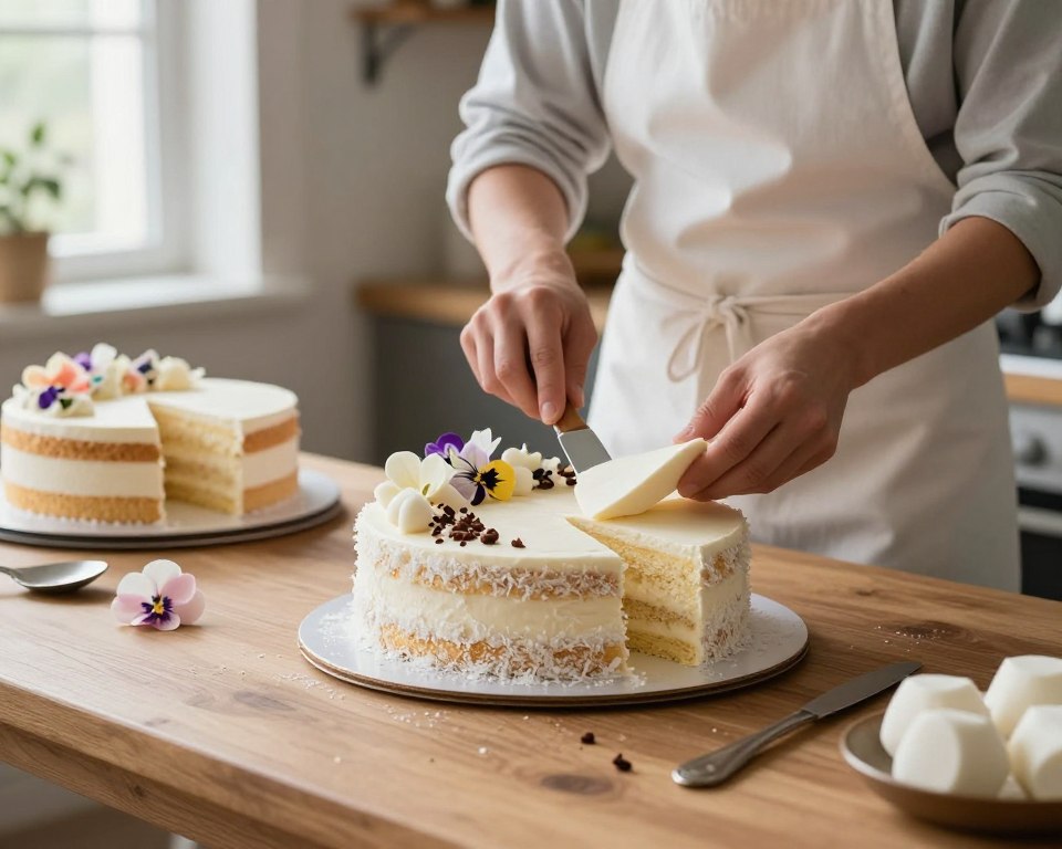 A beautifully arranged scene depicting the intricate process of assembling and decorating a cake, specifically a Raffaello cake on a light sponge base. In the foreground, a well-lit wooden table showcases a partially assembled cake with layers of creamy white filling and delicate coconut flakes. Crisp white and pastel-colored decorations, including edible flowers and chocolate shavings, are artistically arranged around the cake. In the middle, a baker, dressed in a white apron and modest casual attire, carefully places a final layer of frosting atop the cake with a spatula. In the background, soft natural light filters through a window, enhancing the warm, inviting atmosphere of the kitchen. The mood is serene and focused, celebrating the artistry of cake decoration with an emphasis on detail and craftsmanship.
