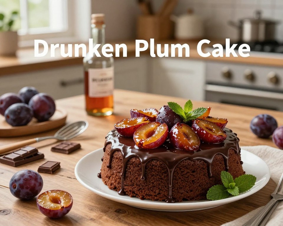 A beautifully arranged scene featuring a decadent cake titled "Drunken Plum Cake" inspired by Sister Anastasia's recipe. In the foreground, a moist chocolate cake adorned with glistening, caramelized plums rests on an elegant white plate. Rich chocolate glaze drips enticingly down the sides of the cake, complemented by delicate sprigs of fresh mint for a pop of color. In the middle, a rustic wooden table set with baking utensils and ingredients like plums, chocolate, and a bottle of liqueur, hinting at the recipe's variations. The background showcases a cozy kitchen with warm, natural lighting filtering in through a window, creating an inviting atmosphere. The overall mood is warm and inviting, evoking the comfort of home baking and the joy of indulging in a rich dessert. A beautifully arranged scene featuring a decadent cake titled "Drunken Plum Cake" inspired by Sister Anastasia's recipe. In the foreground, a moist chocolate cake adorned with glistening, caramelized plums rests on an elegant white plate. Rich chocolate glaze drips enticingly down the sides of the cake, complemented by delicate sprigs of fresh mint for a pop of color. In the middle, a rustic wooden table set with baking utensils and ingredients like plums, chocolate, and a bottle of liqueur, hinting at the recipe's variations. The background showcases a cozy kitchen with warm, natural lighting filtering in through a window, creating an inviting atmosphere. The overall mood is warm and inviting, evoking the comfort of home baking and the joy of indulging in a rich dessert.