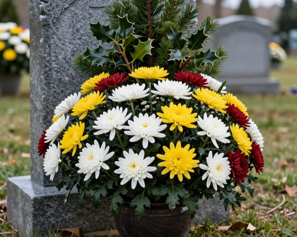 A beautifully arranged seasonal flower composition for a cemetery, highlighting vibrant chrysanthemums suitable for winter decor. In the foreground, a striking mix of white, yellow, and deep red chrysanthemums is artfully placed in an elegant, dark ceramic vase. The middle ground showcases lush greenery, such as pine and holly, subtly woven into the floral arrangement to evoke a serene, respectful atmosphere. The background features a softly blurred stone gravestone, creating a harmonious setting. The scene is illuminated by soft, natural light, enhancing the colors of the flowers and casting gentle shadows, evoking a thoughtful and peaceful mood. The composition aims to inspire a sense of reverence while celebrating the beauty of seasonal blooms throughout the year.