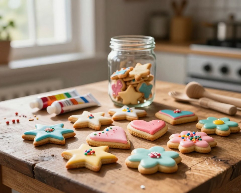 A beautifully arranged setting showcasing decorated crunchy cookies, prominently displayed in the foreground on a rustic wooden table. The cookies, adorned with colorful royal icing in various shapes like stars, hearts, and flowers, are accented with edible glitter and sprinkles. In the middle ground, a delicate glass jar filled with additional cookie decorations sits beside a small assortment of frosting tubes in vibrant colors. Soft, warm natural light filters through a nearby window, casting gentle shadows that create a cozy atmosphere. The background features a blurred kitchen scene with hints of baking tools and ingredients, emphasizing a homemade vibe. The overall mood is inviting and playful, perfect for inspiring creativity in cookie decoration. A beautifully arranged setting showcasing decorated crunchy cookies, prominently displayed in the foreground on a rustic wooden table. The cookies, adorned with colorful royal icing in various shapes like stars, hearts, and flowers, are accented with edible glitter and sprinkles. In the middle ground, a delicate glass jar filled with additional cookie decorations sits beside a small assortment of frosting tubes in vibrant colors. Soft, warm natural light filters through a nearby window, casting gentle shadows that create a cozy atmosphere. The background features a blurred kitchen scene with hints of baking tools and ingredients, emphasizing a homemade vibe. The overall mood is inviting and playful, perfect for inspiring creativity in cookie decoration.