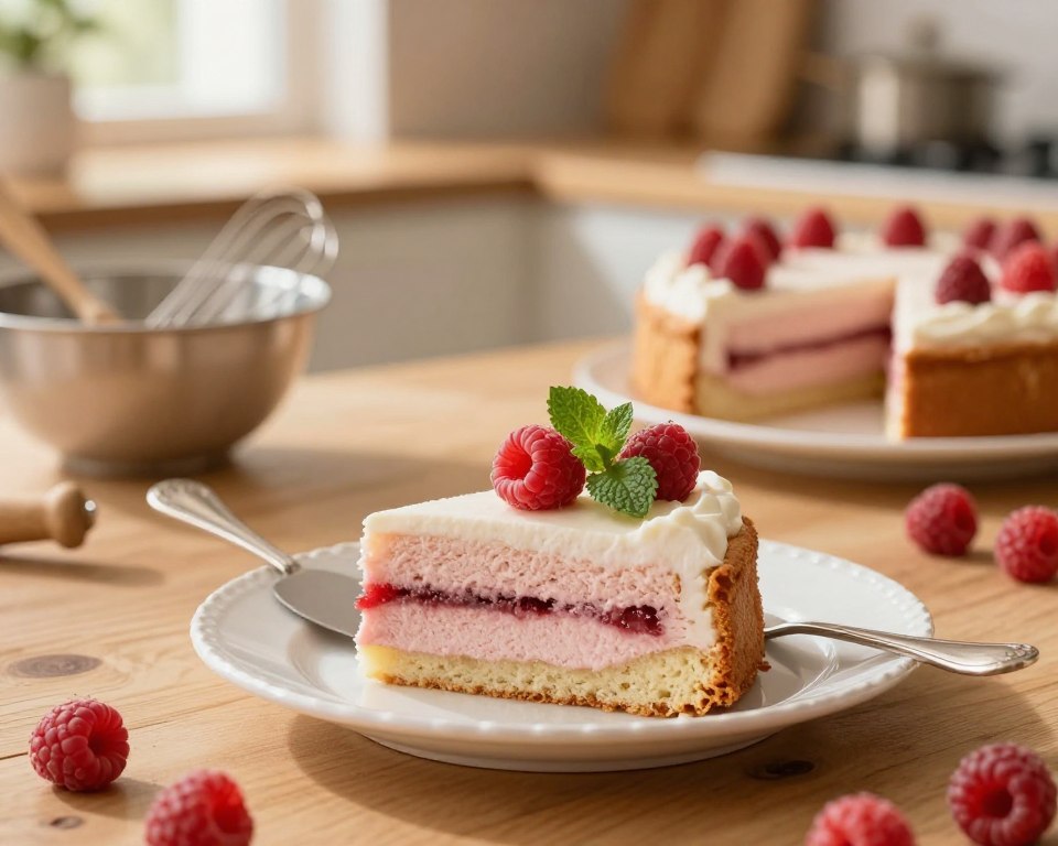 A beautifully arranged slice of "Ciasto Malinowa Chmurka" on a fine china plate, showcasing layers of light, fluffy raspberry mousse and delicate sponge cake. The foreground features the cake slice, garnished with fresh raspberries and a sprig of mint, with a silver cake server resting beside it. In the middle, a wooden table is adorned with baking utensils—a mixing bowl, whisk, and scattered raspberries, hinting at the cake preparation process. The background includes a softly blurred kitchen scene with warm, golden lighting filtering through a window, creating a cozy, inviting atmosphere. The mood is warm and homey, emphasizing the joy of baking. The shot is captured with a shallow depth of field to focus on the cake slice while creating a seamless, serene kitchen backdrop. A beautifully arranged slice of "Ciasto Malinowa Chmurka" on a fine china plate, showcasing layers of light, fluffy raspberry mousse and delicate sponge cake. The foreground features the cake slice, garnished with fresh raspberries and a sprig of mint, with a silver cake server resting beside it. In the middle, a wooden table is adorned with baking utensils—a mixing bowl, whisk, and scattered raspberries, hinting at the cake preparation process. The background includes a softly blurred kitchen scene with warm, golden lighting filtering through a window, creating a cozy, inviting atmosphere. The mood is warm and homey, emphasizing the joy of baking. The shot is captured with a shallow depth of field to focus on the cake slice while creating a seamless, serene kitchen backdrop.