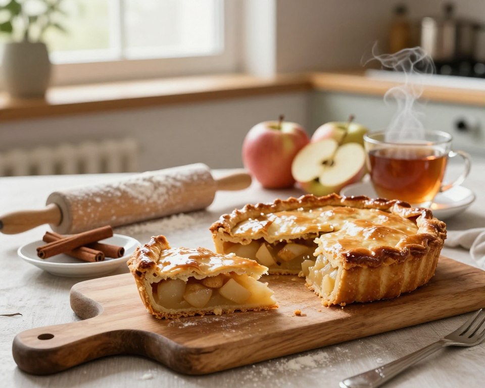 A beautifully arranged table showcasing a traditional Polish apple pie, known as "szarlotka." In the foreground, a rustic wooden cutting board with a freshly baked szarlotka, its golden crust glistening with a light glaze. Slices of the pie are artfully laid out beside a small dish of cinnamon and a steamy cup of tea. In the middle, a soft focus on vintage kitchen utensils, a rolling pin dusted with flour, and fresh apples showcasing the ingredients used. The background features a warmly lit kitchen with soft, natural light streaming through a window, creating a cozy atmosphere. The overall mood is nostalgic and inviting, reflecting the culinary history and inspiration of this delicious dessert, captured with a shallow depth of field to emphasize the delicious pie.