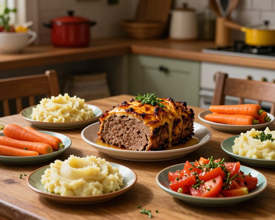 A beautifully arranged table showcasing a variety of baked meatloaf variations, featuring a rich, golden-brown meatloaf as the centerpiece, garnished with fresh herbs. Surrounding the meatloaf, there are colorful side dishes: creamy mashed potatoes, vibrant steamed carrots, and a tangy tomato salad, all arranged artfully. Soft, warm lighting bathes the scene, casting gentle shadows and highlighting the texture of the dishes. The background features a rustic kitchen setting with wooden shelves, pots, and vibrant kitchen utensils, creating a cozy and inviting atmosphere. The image captures the essence of hearty, homemade meals, perfect for family gatherings, emphasizing the creativity in enhancing a classic recipe with delicious side dishes. The composition balances the focus on the food while setting a warm, inviting mood, ideal for culinary inspiration.