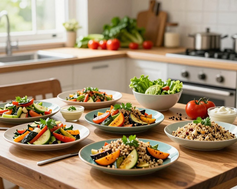 A beautifully arranged vegetarian menu, showcasing vibrant dishes in a sunlit kitchen setting. In the foreground, a wooden table is filled with colorful plates of healthy meals, including roasted vegetable salad, quinoa bowls garnished with herbs, and a selection of dips. The middle ground features a sleek kitchen with fresh ingredients, such as leafy greens, ripe tomatoes, and fragrant spices, casually placed around. In the background, soft natural light streams in from a window, enhancing the cheerful and inviting atmosphere. The overall mood is warm and inspiring, promoting a lifestyle of healthy eating. The composition should focus on the vibrant colors and textures of the food, shot with a shallow depth of field to draw attention to the delicious details. A beautifully arranged vegetarian menu, showcasing vibrant dishes in a sunlit kitchen setting. In the foreground, a wooden table is filled with colorful plates of healthy meals, including roasted vegetable salad, quinoa bowls garnished with herbs, and a selection of dips. The middle ground features a sleek kitchen with fresh ingredients, such as leafy greens, ripe tomatoes, and fragrant spices, casually placed around. In the background, soft natural light streams in from a window, enhancing the cheerful and inviting atmosphere. The overall mood is warm and inspiring, promoting a lifestyle of healthy eating. The composition should focus on the vibrant colors and textures of the food, shot with a shallow depth of field to draw attention to the delicious details.
