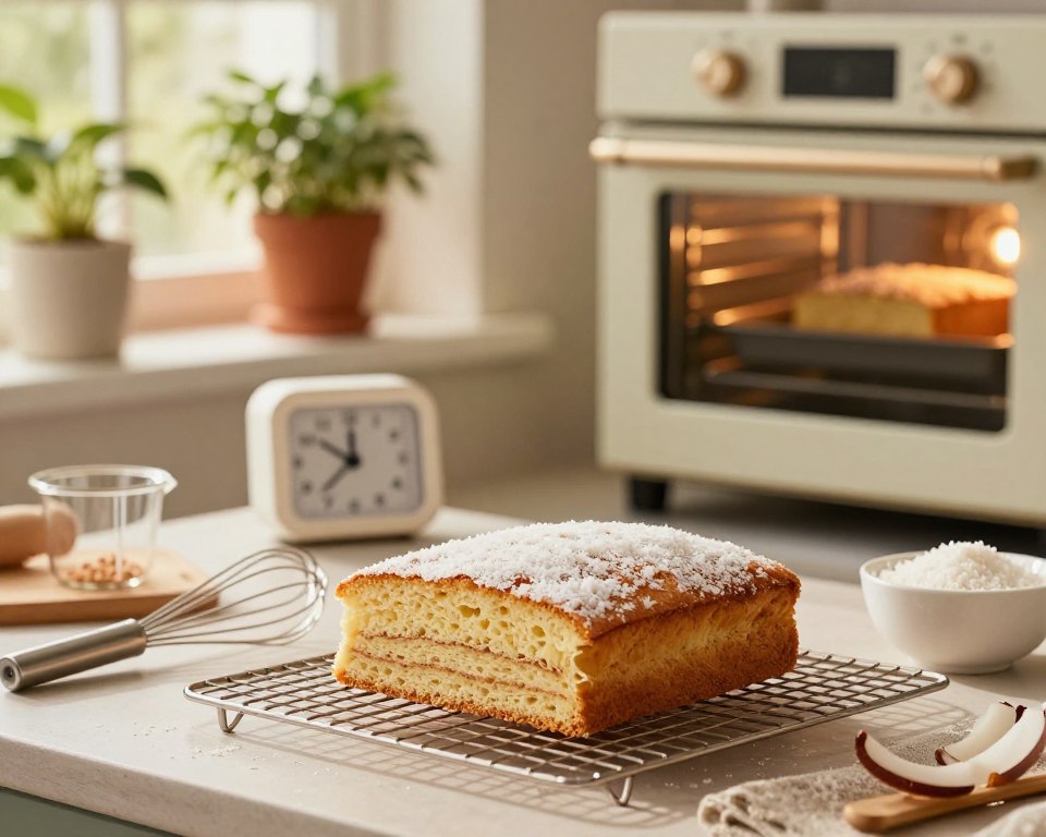 A beautifully decorated kitchen scene with a freshly baked Raffaello cake on a cooling rack in the foreground, showcasing its delicate textures and layers. Surround the cake with baking utensils like a whisk, measuring cups, and a bowl filled with coconut flakes to add a festive touch. In the middle, a soft-focus oven timer is displayed, indicating the time left for baking, with a warm light illuminating the scene, creating a cozy atmosphere. The background features softly blurred kitchen elements, such as a traditional oven with a glass door revealing the cake inside, and lush potted plants on the windowsill. Capture the image with a natural light effect, reminiscent of golden hour, to convey warmth and inviting home baking vibes.
