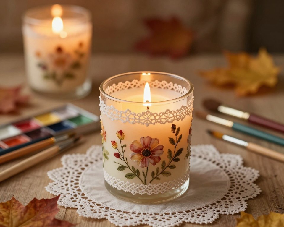 A beautifully decorated memorial candle, showcasing intricate designs and personal touches. In the foreground, the candle is adorned with hand-painted floral motifs and delicate lace patterns, glistening with soft wax reflections. The middle ground features a variety of artistic tools like brushes, paints, and lace trimmings, hinting at the personalization process. In the background, a softly blurred autumn-themed setting with warm, ambient lighting enhances the cozy atmosphere, creating a reflective mood. The image captures the essence of DIY creativity, highlighting the joy of customization in a serene and respectful way. Shot with a shallow depth of field to emphasize the candle's unique details, with a focus on warm golden tones, creating an inviting and heartfelt ambiance.