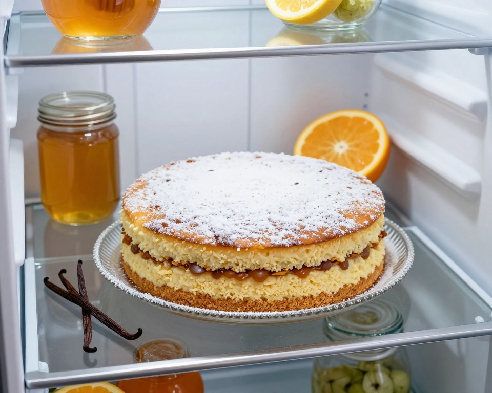 A beautifully organized refrigerator interior, showcasing a neatly layered miodownik cake, made with semolina, placed on a glass plate. The cake is adorned with a light dusting of powdered sugar, hinting at its delicious flavor. Surrounding the cake are fresh ingredients typically used in miodownik, such as honey, vanilla pods, and citrus zest in elegant glass jars. Soft, cool lighting illuminates the scene, creating a refreshing and appetizing atmosphere. The refrigerator's shelves are stainless steel, reflecting the cake and its surroundings subtly. A focus on symmetry and neatness evokes practicality, aligning with the theme of perfect dessert preparation. Capture the image from a slightly elevated angle to inspire a sense of organization and calmness.