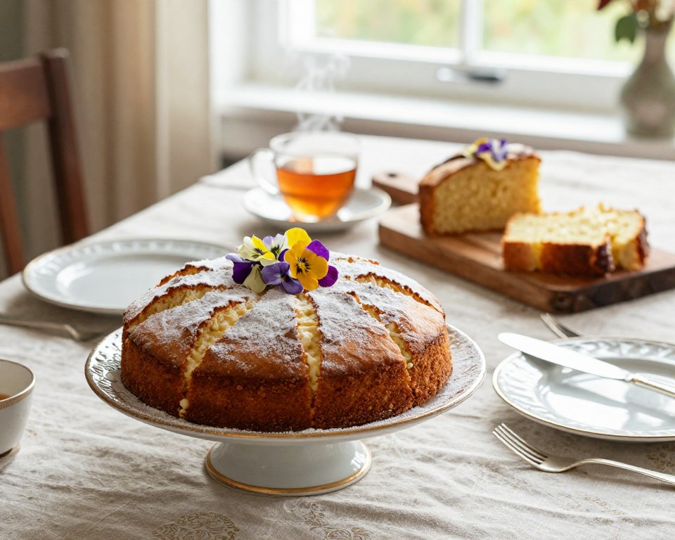A beautifully styled dining table set for serving a freshly baked cake made with buttermilk, inspired by Sister Anastasia's recipe. In the foreground, a scrumptious cake is adorned with a light dusting of powdered sugar and delicate edible flowers, invitingly placed on an ornate cake stand. Surrounding the cake are elegant dessert plates and silver cutlery, emphasizing a warm and inviting atmosphere. In the middle, a steaming cup of tea and a rustic wooden serving platter showcase slices of the cake, adding to the cozy feel. The background features soft natural light streaming through a nearby window, highlighting the rich textures of a vintage tablecloth and giving the scene an inviting glow, perfect for an afternoon tea gathering. A beautifully styled dining table set for serving a freshly baked cake made with buttermilk, inspired by Sister Anastasia's recipe. In the foreground, a scrumptious cake is adorned with a light dusting of powdered sugar and delicate edible flowers, invitingly placed on an ornate cake stand. Surrounding the cake are elegant dessert plates and silver cutlery, emphasizing a warm and inviting atmosphere. In the middle, a steaming cup of tea and a rustic wooden serving platter showcase slices of the cake, adding to the cozy feel. The background features soft natural light streaming through a nearby window, highlighting the rich textures of a vintage tablecloth and giving the scene an inviting glow, perfect for an afternoon tea gathering.