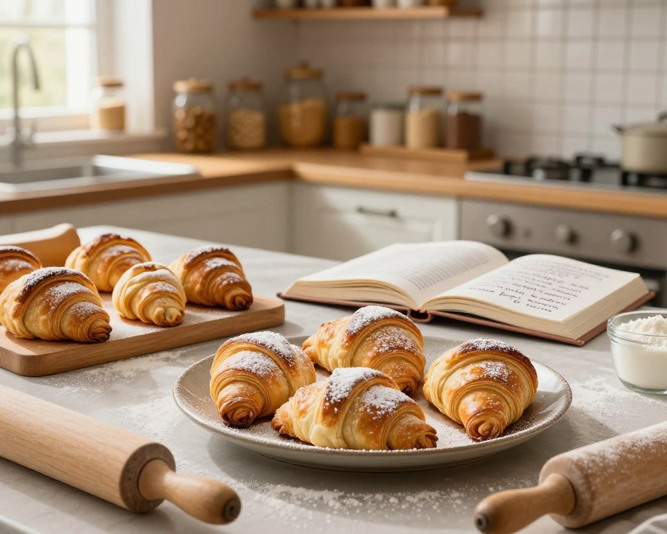 A beautifully styled kitchen countertop filled with an assortment of freshly baked buttery rogaliki, glistening with a light dusting of powdered sugar. In the foreground, a soft, warm light illuminates a plate of golden crescent-shaped pastries, surrounded by rustic baking tools like a rolling pin and flour dusting. The middle ground features a cookbook opened to a page with handwritten notes, sharing tips and tricks for perfecting the rogaliki. In the background, a cozy, inviting kitchen scene with wooden shelves filled with jars of ingredients and a window showing a soft morning light, creating a cheerful and warm atmosphere perfect for baking. The overall mood is inviting and homely, capturing the essence of practical cooking tips for every occasion.