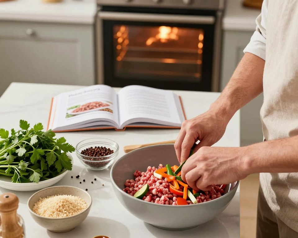 A beautifully styled kitchen setting featuring a step-by-step visual of making "Pieczeń Rzymska" (Roman meatloaf). In the foreground, a chef in modest casual clothing finely minces vegetables and mixes them with ground meat in a large bowl. In the middle, there's a well-organized countertop displaying key ingredients like fresh herbs, spices, and breadcrumbs, along with an open cookbook highlighting the recipe. In the background, a warm oven glows, subtly indicating it’s preheated. Soft, natural lighting illuminates the scene, highlighting the vibrant colors of the ingredients and creating an inviting atmosphere. The camera angle is slightly elevated, providing a clear view of the kitchen workspace and enhancing the sense of culinary creativity and warmth.