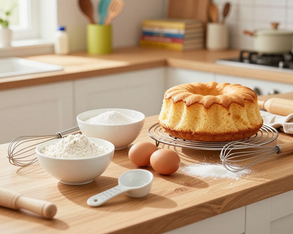 A bright and inviting kitchen setting filled with warm natural light. In the foreground, a carefully arranged wooden countertop displaying essential baking ingredients: flour, eggs, sugar, and a mixing bowl. A whisk and measuring cups are artfully scattered around. In the middle ground, a freshly baked sponge cake, golden and fluffy, sits on a cooling rack. The background reveals colorful kitchen utensils and baking books on shelves, adding a cozy, homey feel. The scene conveys a sense of creativity and warmth, inviting viewers to experience the joy of baking. The lighting is soft, highlighting the textures of the ingredients, while the angle captures the countertop’s layout in an engaging way.