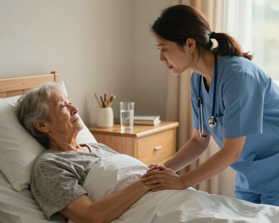 A compassionate caregiver providing comfort to a dying elderly person in a softly lit room. In the foreground, the caregiver, a middle-aged woman in modest, professional attire, gently holds the hand of the frail patient lying in bed, their face peaceful amidst the distressing situation. The middle ground features a bedside table with a glass of water and a few personal items, emphasizing the intimacy of the moment. In the background, warm light filters through a window, casting a gentle glow that adds to the serene atmosphere. The scene conveys a deep sense of compassion and empathy, focusing on the bond between the caregiver and the patient, capturing the poignant essence of end-of-life care. A compassionate caregiver providing comfort to a dying elderly person in a softly lit room. In the foreground, the caregiver, a middle-aged woman in modest, professional attire, gently holds the hand of the frail patient lying in bed, their face peaceful amidst the distressing situation. The middle ground features a bedside table with a glass of water and a few personal items, emphasizing the intimacy of the moment. In the background, warm light filters through a window, casting a gentle glow that adds to the serene atmosphere. The scene conveys a deep sense of compassion and empathy, focusing on the bond between the caregiver and the patient, capturing the poignant essence of end-of-life care.
