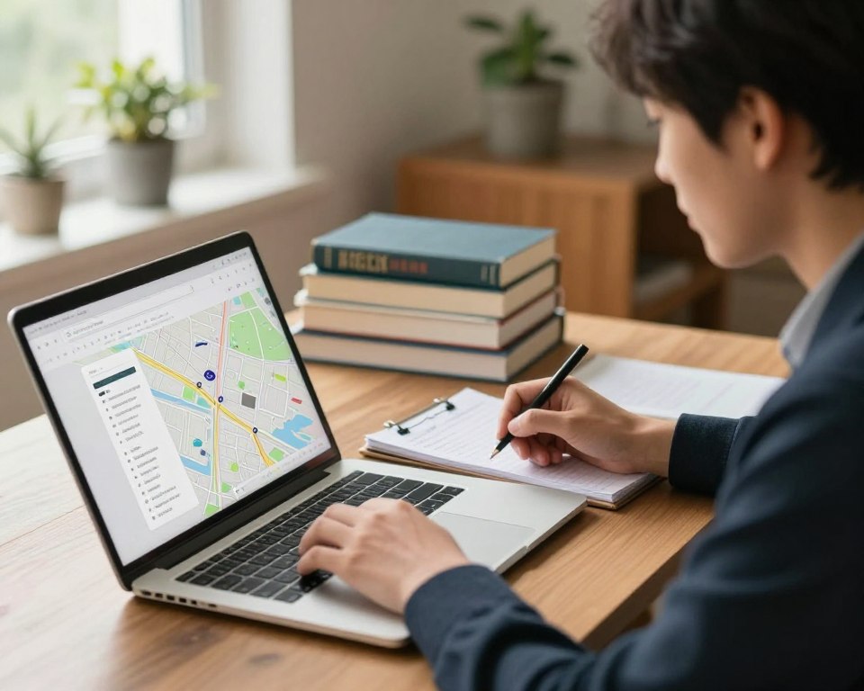 A cozy and modern home office setting, featuring a person in professional business attire sitting at a desk, deeply engaged in searching for online information. The foreground showcases a laptop with a search engine open, displaying a map with grave locations and obituary notifications. In the middle ground, there's a neatly organized stack of reference books and a notepad filled with notes. The background is softly illuminated by natural light coming through a window, with houseplants adding a touch of greenery. The atmosphere conveys focus and curiosity, with warm tones suggesting a quiet, contemplative mood. The image should be captured from an angle that emphasizes the person's engagement with the screen, creating a sense of intimacy with the research process. A cozy and modern home office setting, featuring a person in professional business attire sitting at a desk, deeply engaged in searching for online information. The foreground showcases a laptop with a search engine open, displaying a map with grave locations and obituary notifications. In the middle ground, there's a neatly organized stack of reference books and a notepad filled with notes. The background is softly illuminated by natural light coming through a window, with houseplants adding a touch of greenery. The atmosphere conveys focus and curiosity, with warm tones suggesting a quiet, contemplative mood. The image should be captured from an angle that emphasizes the person's engagement with the screen, creating a sense of intimacy with the research process.
