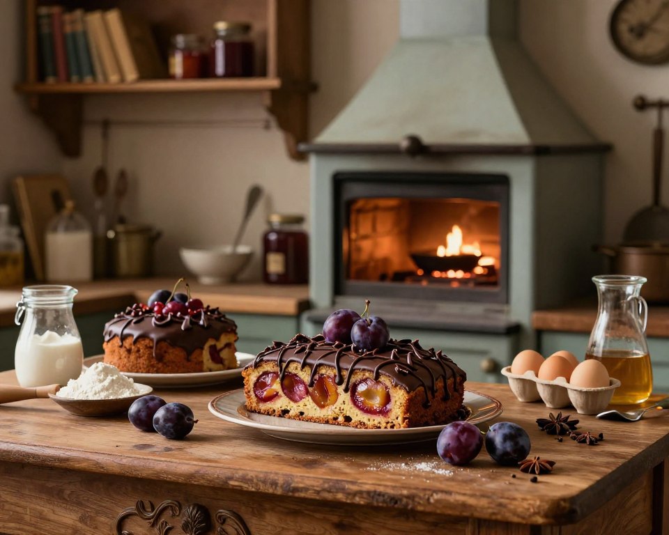 A cozy and warmly lit vintage kitchen scene, highlighting a beautifully arranged assortment of traditional baked goods, specifically focusing on chocolate-covered plum cake. In the foreground, an intricately decorated wooden table holds the cake, garnished with fresh plums and rich chocolate drizzles. In the middle, a rustic oven with a soft glow emits a welcoming warmth, while various baking tools and ingredients like flour, eggs, and spices are artfully scattered around. The background features a rustic wooden shelf filled with old cookbooks and jars of preserves, enhancing the historical essence of monastic baking traditions. The atmosphere is inviting and nostalgic, evoking a sense of culinary heritage and inspiration. Soft, diffused lighting highlights the textures and colors, creating a serene and appetizing mood. A cozy and warmly lit vintage kitchen scene, highlighting a beautifully arranged assortment of traditional baked goods, specifically focusing on chocolate-covered plum cake. In the foreground, an intricately decorated wooden table holds the cake, garnished with fresh plums and rich chocolate drizzles. In the middle, a rustic oven with a soft glow emits a welcoming warmth, while various baking tools and ingredients like flour, eggs, and spices are artfully scattered around. The background features a rustic wooden shelf filled with old cookbooks and jars of preserves, enhancing the historical essence of monastic baking traditions. The atmosphere is inviting and nostalgic, evoking a sense of culinary heritage and inspiration. Soft, diffused lighting highlights the textures and colors, creating a serene and appetizing mood.