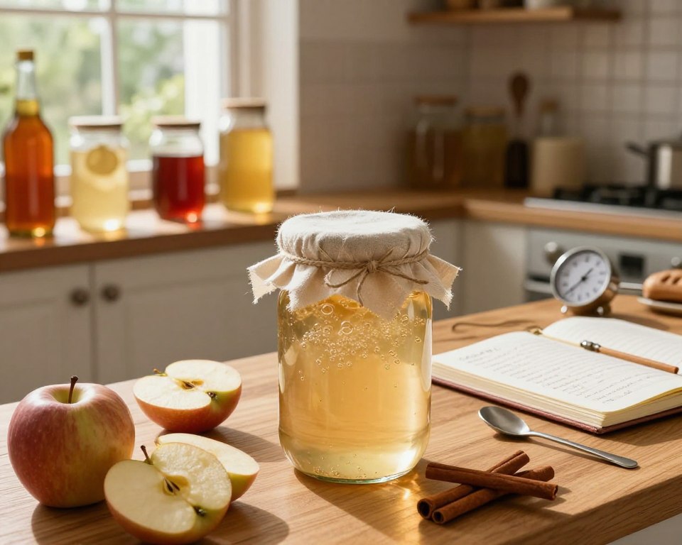 A cozy kitchen scene capturing the process of apple cider vinegar fermentation. In the foreground, a glass jar filled with bubbling apple cider, its surface covered by a clean cloth secured with a twine. Surrounding it are fresh, sliced apples and cinnamon sticks, hinting at the ingredients used. In the middle, a wooden countertop with a variety of fermentation tools such as a hydrometer, stirring spoon, and a notebook with handwritten notes on vinegar recipes. In the background, shelves lined with jars of various homemade vinegars and a window showing a sunny day outside, casting warm, natural light across the scene. The overall mood is warm, inviting, and educational, reflecting a homely embrace of traditional methods. A cozy kitchen scene capturing the process of apple cider vinegar fermentation. In the foreground, a glass jar filled with bubbling apple cider, its surface covered by a clean cloth secured with a twine. Surrounding it are fresh, sliced apples and cinnamon sticks, hinting at the ingredients used. In the middle, a wooden countertop with a variety of fermentation tools such as a hydrometer, stirring spoon, and a notebook with handwritten notes on vinegar recipes. In the background, shelves lined with jars of various homemade vinegars and a window showing a sunny day outside, casting warm, natural light across the scene. The overall mood is warm, inviting, and educational, reflecting a homely embrace of traditional methods.