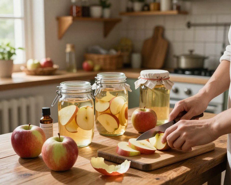A cozy kitchen scene, featuring a wooden table cluttered with fresh apples, jars, vinegar, and essential tools for making homemade apple cider vinegar. In the foreground, a pair of hands carefully slicing apples with a knife on a chopping board, surrounded by apple peels. In the middle, glass jars filled with apple slices and liquid, some covered with cloth, symbolize the fermentation process. The background exhibits rustic kitchen shelves lined with spices and kitchenware, basking in warm, natural light streaming through a window. The atmosphere conveys a sense of homey warmth and inviting nostalgia, encouraging viewers to explore the joy of making vinegar at home. A cozy kitchen scene, featuring a wooden table cluttered with fresh apples, jars, vinegar, and essential tools for making homemade apple cider vinegar. In the foreground, a pair of hands carefully slicing apples with a knife on a chopping board, surrounded by apple peels. In the middle, glass jars filled with apple slices and liquid, some covered with cloth, symbolize the fermentation process. The background exhibits rustic kitchen shelves lined with spices and kitchenware, basking in warm, natural light streaming through a window. The atmosphere conveys a sense of homey warmth and inviting nostalgia, encouraging viewers to explore the joy of making vinegar at home.