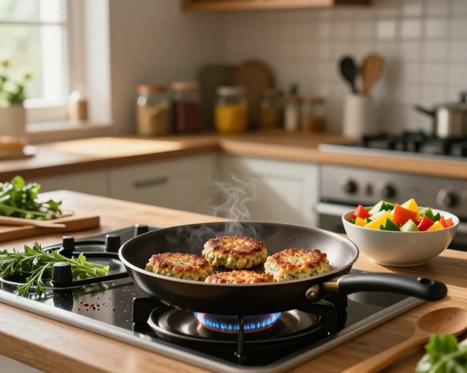 A cozy kitchen scene featuring the preparation of fish patties on medium heat. In the foreground, a frying pan sizzles with golden-brown patties cooking, surrounded by fresh herbs and a sprinkle of spices. A wooden spoon rests on the counter, and next to it is a bowl filled with colorful chopped vegetables, reflecting vibrant reds, greens, and yellows. In the middle, a stove with a gentle flame and a soft glow filling the room creates a warm atmosphere. The background reveals kitchen shelves stocked with jars of spices and utensils, enhancing the home-cooking feel. Natural lighting streams in through a nearby window, casting soft shadows. The mood is inviting and homely, perfect for culinary explorations.
