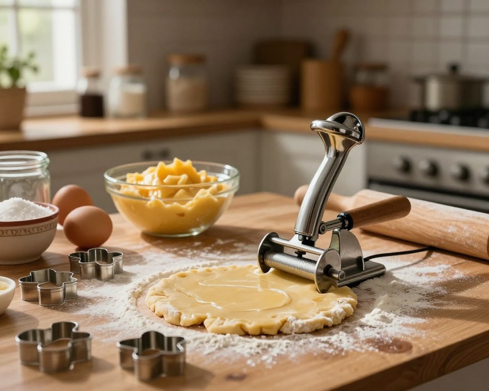 A cozy kitchen scene featuring the preparation of pastry dough for a traditional cookie press. In the foreground, a wooden table is adorned with a beautifully rolled-out dough, sprinkled with flour, and surrounded by various cookie-cutting shapes. A vintage cookie press, elegantly designed, stands ready for use, with a slight sheen indicating fresh dough ready for molding. In the middle ground, a bowl of vibrant, buttery dough awaits, alongside an array of ingredients like eggs, sugar, and vanilla extract in rustic containers. The background presents softly lit kitchen shelves filled with baking essentials, enhancing the warm atmosphere. The overall mood evokes homeliness and nostalgia, with natural light filtering through a nearby window, casting gentle shadows and highlighting the textures of the ingredients. A cozy kitchen scene featuring the preparation of pastry dough for a traditional cookie press. In the foreground, a wooden table is adorned with a beautifully rolled-out dough, sprinkled with flour, and surrounded by various cookie-cutting shapes. A vintage cookie press, elegantly designed, stands ready for use, with a slight sheen indicating fresh dough ready for molding. In the middle ground, a bowl of vibrant, buttery dough awaits, alongside an array of ingredients like eggs, sugar, and vanilla extract in rustic containers. The background presents softly lit kitchen shelves filled with baking essentials, enhancing the warm atmosphere. The overall mood evokes homeliness and nostalgia, with natural light filtering through a nearby window, casting gentle shadows and highlighting the textures of the ingredients.